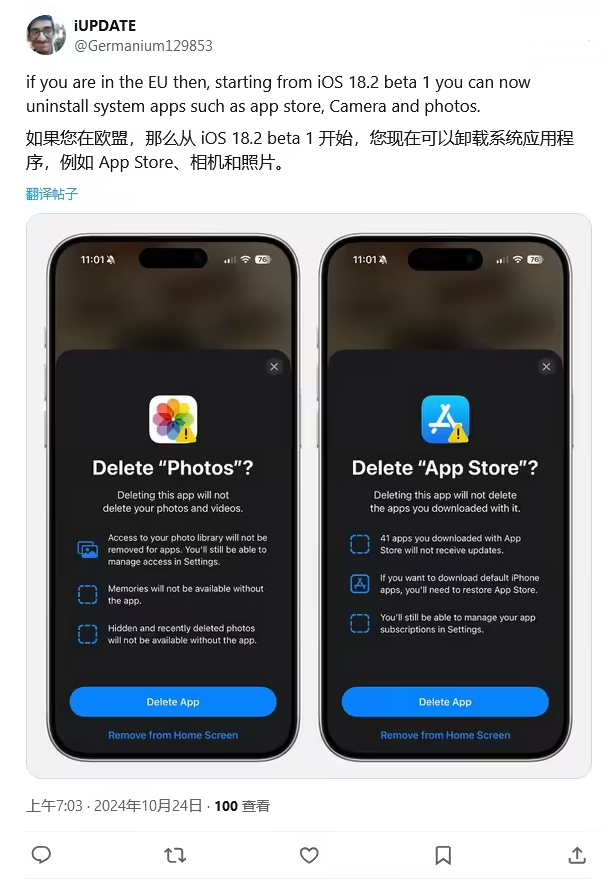 绥滨苹果手机维修分享iOS 18.2 支持删除 App Store 应用商店 