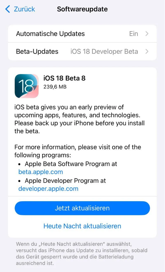 绥滨苹果手机维修分享苹果 iOS / iPadOS 18 开发者预览版 Beta 8 发布 